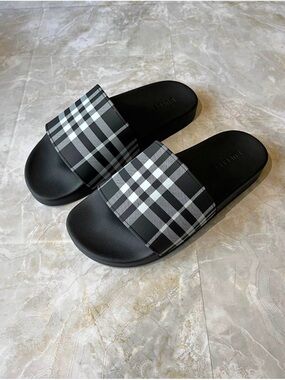 Burberry Black & White Check Slide Sandals